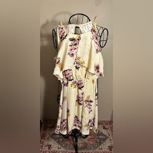 size small womens tan  pink roses dress casual dress formal party lace pretty